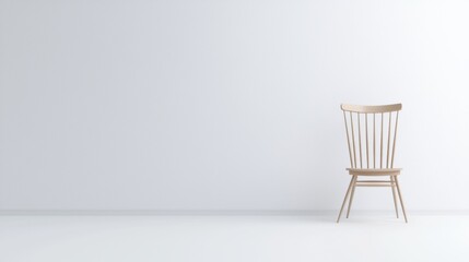 A wooden chair with a high back and thin legs stands against a white wall.