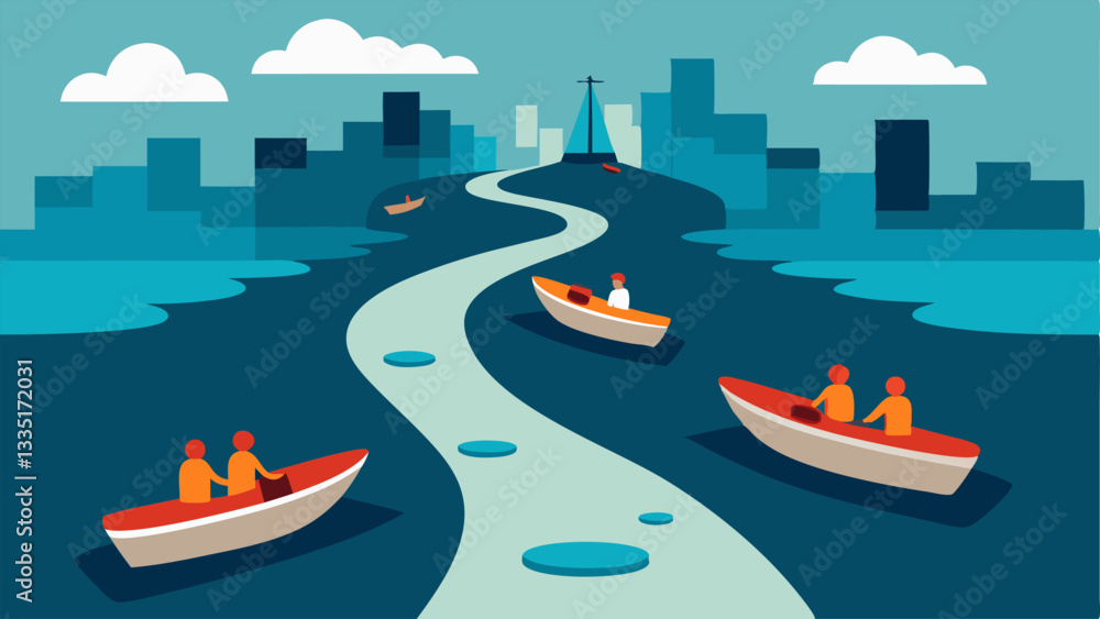 Poster pollution of data a polluted river depicted alongside two sets of boats. one side has clean boats wi