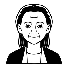 a line art of a senior woman with a gentle smile and kind eyes. The drawing style is simple and elegant, emphasizing her facial features