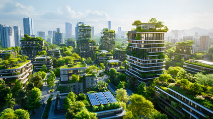 Obraz premium An eco-conscious city with a focus on reducing CO2 emissions, featuring green rooftops, solar panels, and electric vehicles, all part of a plan to create a cleaner, more sustainable urban space.