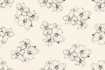 Abstract Modern monotone Hand-drawn flowers, silhouette botanical florals, seamless patterns with floral for textile design, fabric, wallpaper, covers, cards, wall art, posters, and decoration.