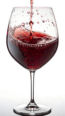 Red wine being poured into a glass with bubbles on a bright background
