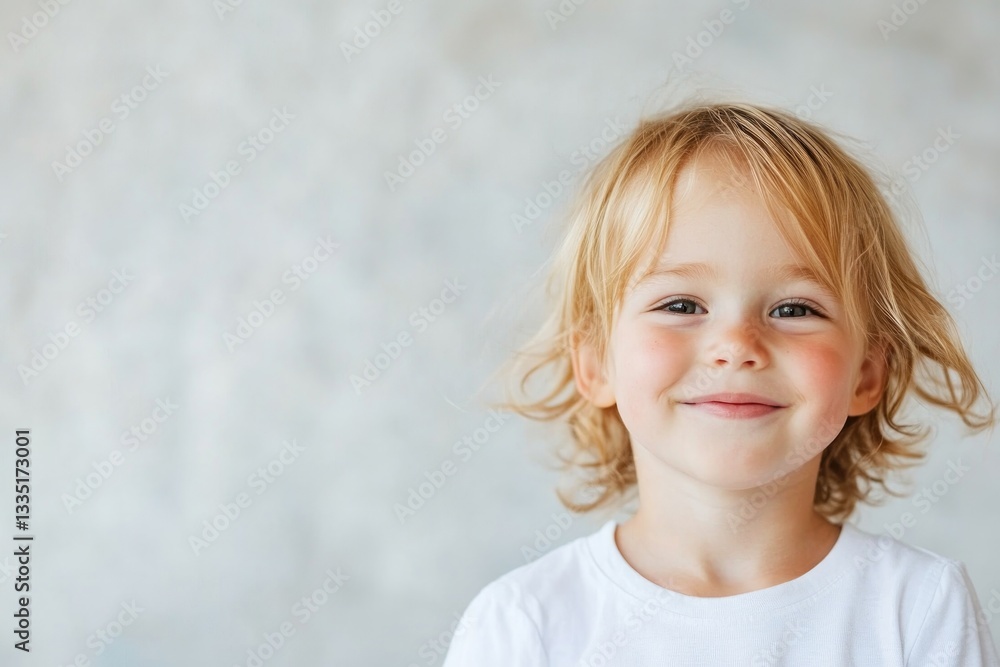 Poster capture minimalistic image of child smiling gently against soft blurred background to evoke heartfel