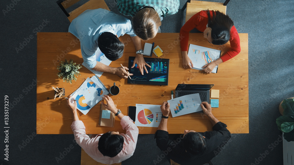 Aufkleber top down view of business woman explain and present financial chart. diverse group discuss and liste