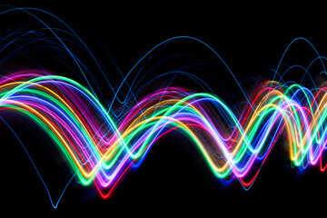 A long exposure photograph of colourful lights in swirl patterns of motion against a black background