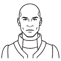 Obraz premium a stern looking bald man portrait, monochrome line art vector illustration