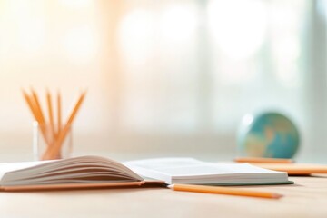 close-up of cozy homeschooling setup with open textbooks pencils and globe on wooden table surface