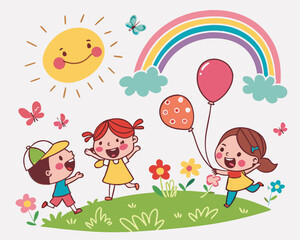 Happy Children Playing in Park with Balloons and Rainbow. Cheerful cartoon vector illustration with happy children playing outdoors on a sunny day. Colorful balloons, smiling sun, rainbow, butterflies