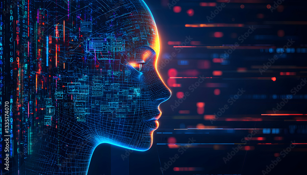 Poster digital human face with flowing data streams artificial intelligence concept