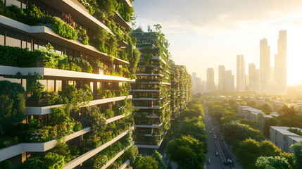 Obraz premium An eco-conscious city with green architecture, smart grids, and electric public transportation, designed to reduce CO2 emissions and foster a sustainable lifestyle.