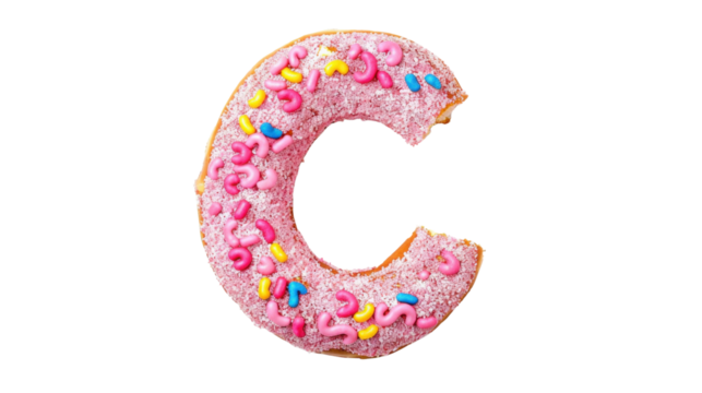 Pink iced donut forming letter c with bite missing on transparent background