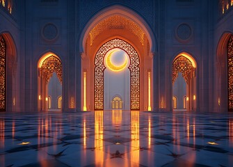 Grand architectural hall with intricate arches, warm glowing lights, and marble floor

