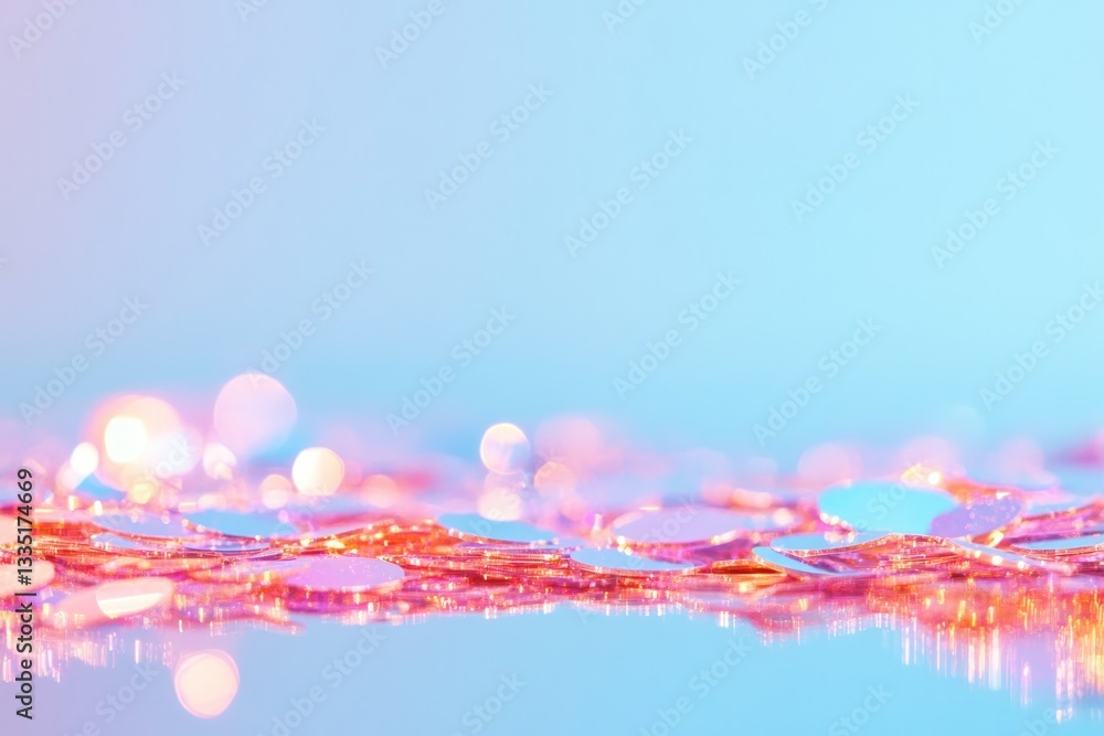 Poster close-up shot of glamcore style sequins reflecting soft light minimalistic background with ample cop