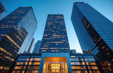 From below of office building next to contemporary high rise structures with glass mirrored walls, illuminated lights in Calgary city against blue sky at twilight. Business district reflects