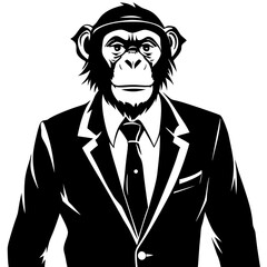 a chimpanzee in a formal business suit, looking sharp and ready for action. The image is a monochrome illustration of a chimpanzee dressed in a suit and tie.