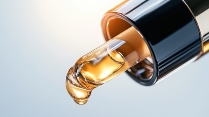 Captivating closeup of radiant dewglow foundation in dropper warm sunlight filtering through beauty product photography