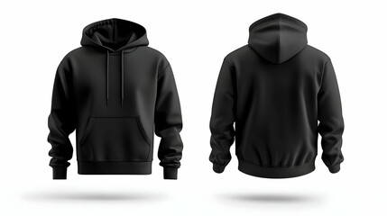 A blank black male hoodie sweatshirt mockup, shown from both front and back views, isolated on a white background for design mockups. 40k, , high resolution