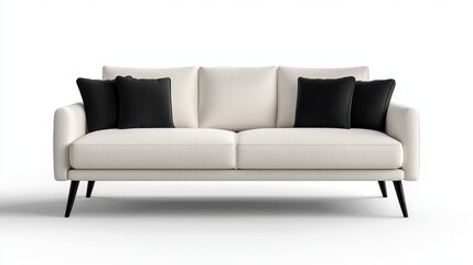 Off White Striped Sofa with Black Cushions on a White Background