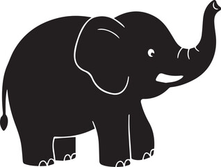 Fototapeta premium A Playful Baby Elephant Playfully Raises Its Trunk High In A Simple Black Silhouette Illustration Against A Stark Isolated on Transparent Background