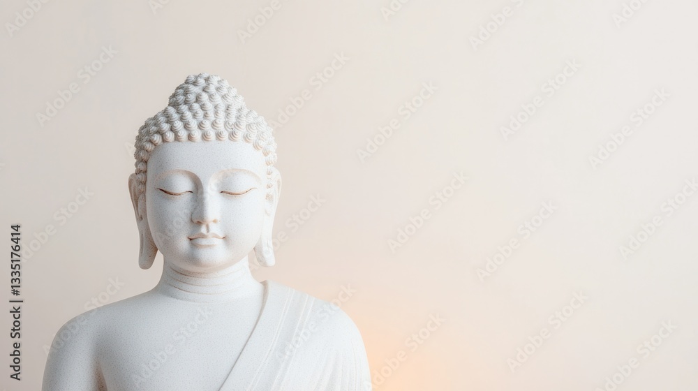 Poster simple buddha statue on white background with gentle lighting to highlight its serene features inclu