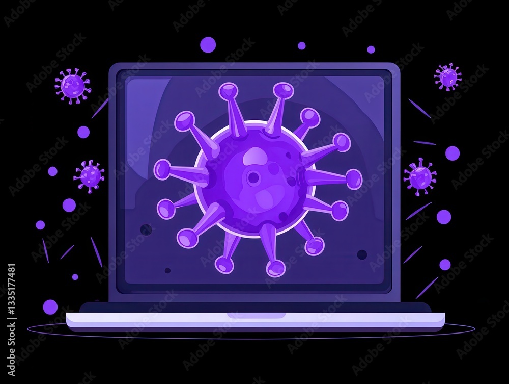 Poster digital representation of a computer infected by a purple virus, with floating particles