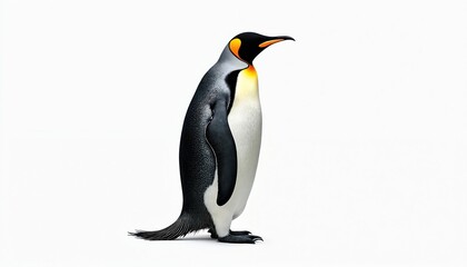 Fototapeta premium Majestic emperor penguin stands tall, isolated on clean white background. Large flightless bird shows its black, white, yellow plumage colors. The animal looks proud and confident on ice.