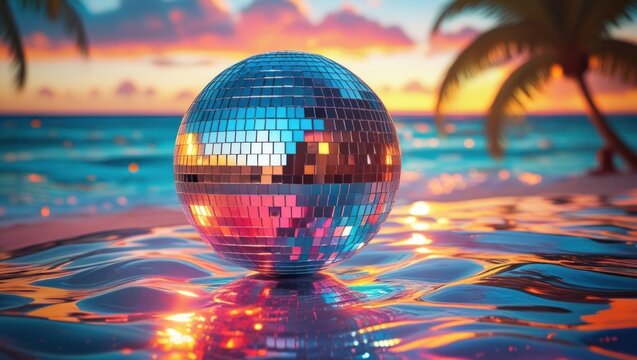 Disco ball on beach at sunset
