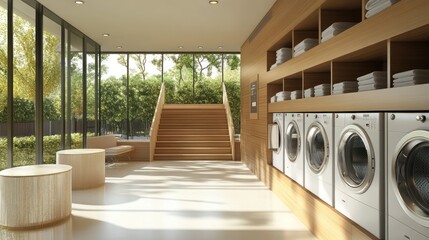 Modern apartment laundry room with natural light, stairs, and lush green background; ideal for real estate listings