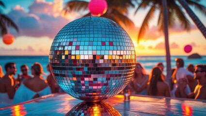 Disco ball party at sunset beach