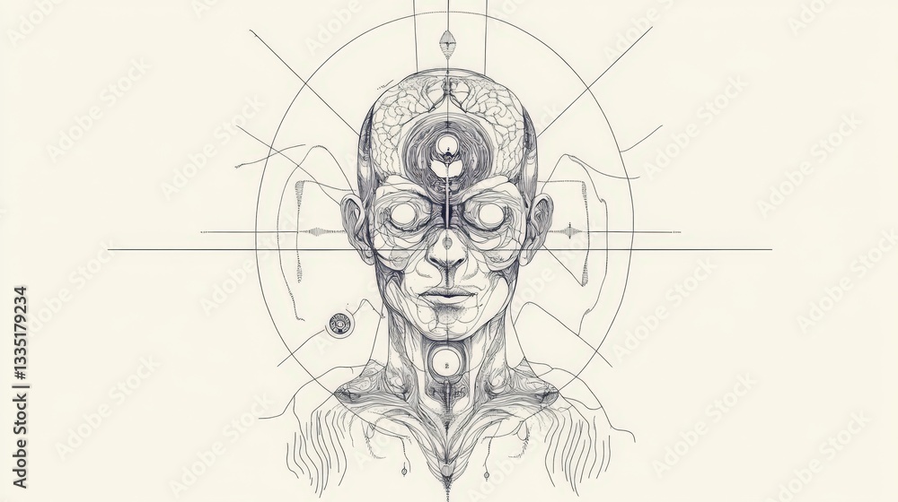 Poster abstract head illustration with geometric patterns and internal organs.