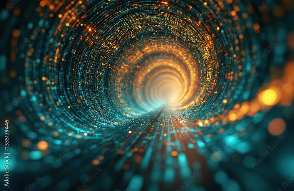 Aufkleber Futuristic digital tunnel with golden lights, code. Abstract technology background with datum network in cyberspace. Matrix of binary artificial intelligence, dynamic energy, power concept. Science