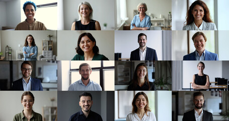 Lot of people staring at camera, collage view. Multiethnic women and men different generation businesspeople standing indoors smile look at cam, users of videocall application, worldwide communication