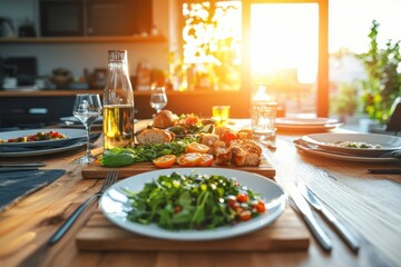 Freshly prepared meals on a clean surface brightly lit dining room overhead view emphasizing quality ingredients