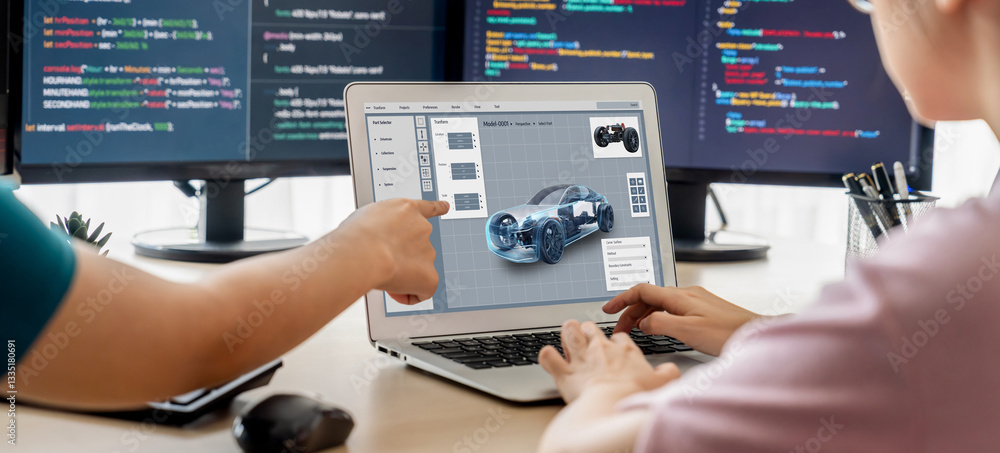 Poster electric car design software on computer screen showing simulation blueprint brisk by digital calcul