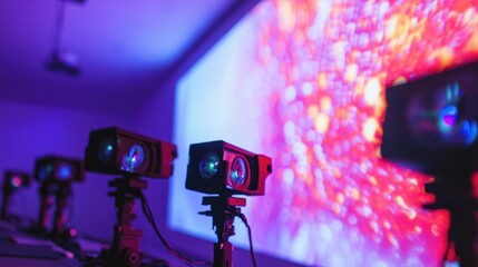 High-Tech Projection Equipment at Modern Event Space with Bright Digital Display and Engaging Light Patterns