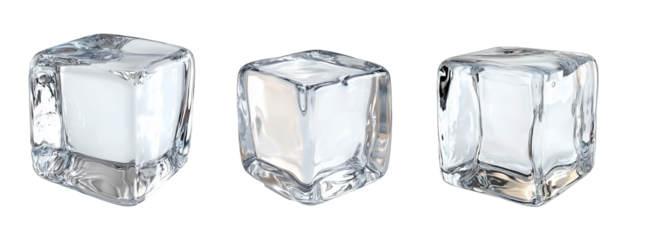 Three transparent ice cubes with realistic reflections and refractions on a white background, isolated frozen blocks for beverage, cocktail, food styling, refreshment, and cooling concepts