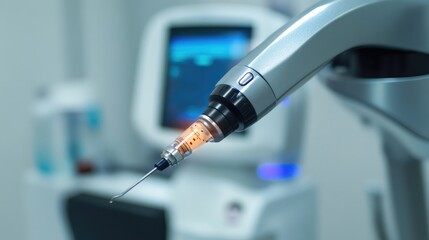 Close-Up of Advanced Medical Microneedling Device with Illuminated Needle for Skin Treatment in Modern Clinic Environment