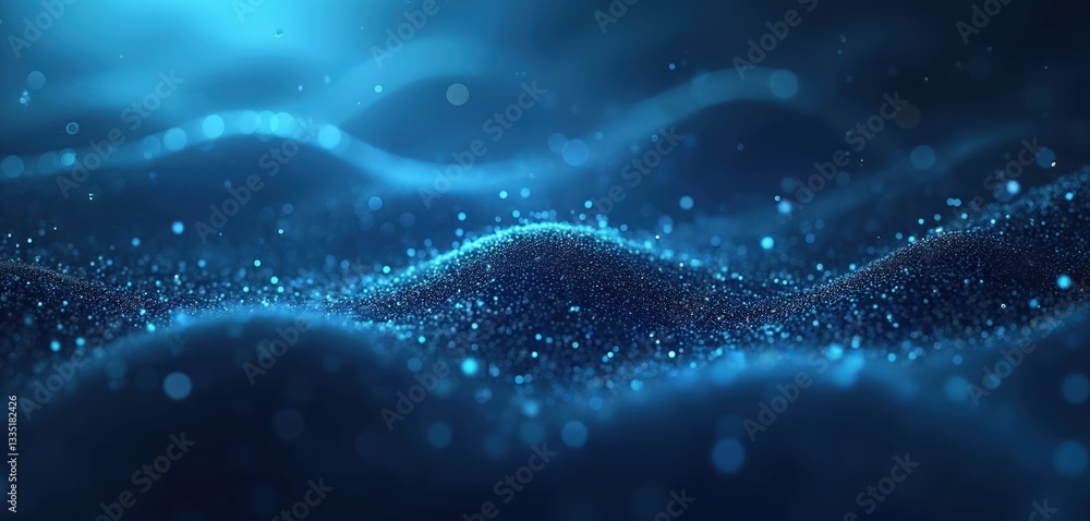 Poster Abstract blue particle waves background. Dynamic mesh of dots evokes big data tech. Futuristic three-dimensional network concept glows in dark cyberspace. Modern wallpaper, graphic design template,
