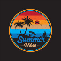 "Vintage Summer Vibes T-Shirt Design Featuring a Tropical Beach Scene with Retro Sunset Colors"