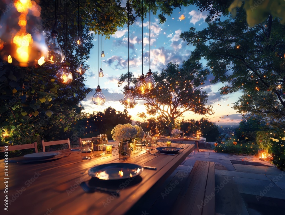 Aufkleber dusk illumination of brunch table with string lights in serene outdoor setting captured from a lower