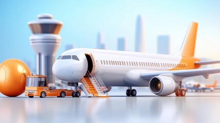 Orange And White Airplane At Airport Gate With City Skyline