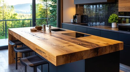 Rustic kitchen design featuring organic butcher block warm lighting unique grain craftsmanship modern aesthetic bird's eye view