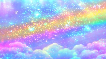 Obraz premium A Dreamlike Pastel Rainbow Sky with Sparkling Stars and Clouds. A Magical and Colorful Background.