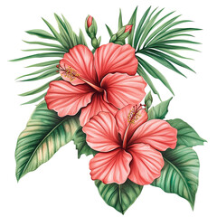 Beautiful hibiscus flower and tropical leaves illustration for summer design art on transparent background