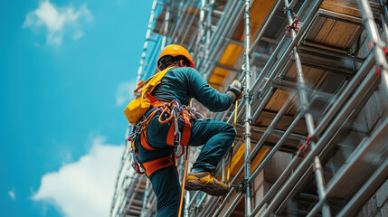 Construction worker climbs scaffolding wearing safety gear. Sky and clouds in background. Low angle view of industrial job site.