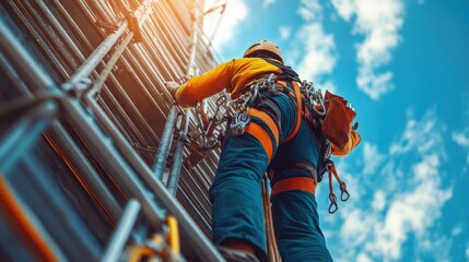 Worker climbing scaffolding wearing safety harness. Blue sky and clouds. Construction worker. Work at height. Orange and blue workwear. Sunshine and ladders.