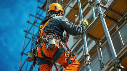 Construction worker climbing metal scaffolding. Person wears safety gear on a sunny day against a blue sky. Construction site with metal structure.