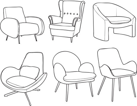 Illustrations fauteuils styles diff&eacute;rents design int&eacute;rieur d&eacute;coration traits noir vecteur