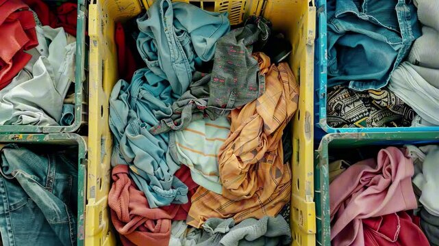 Overhead view of bins filled with second-hand clothes in a thrift store, showing a mix of denim, shirts, and colorful fabrics. Top view, copy space.