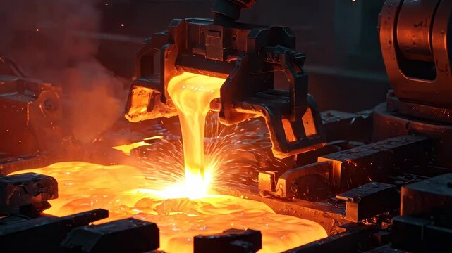 Molten metal pouring in a steel foundry for industrial manufacturing